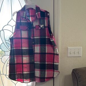 Plaid Sleeveless Kids Shirt - Pink and Black